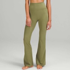 Women's Olive Green Flared Activewear Pants Stretch Pull On Athleisure