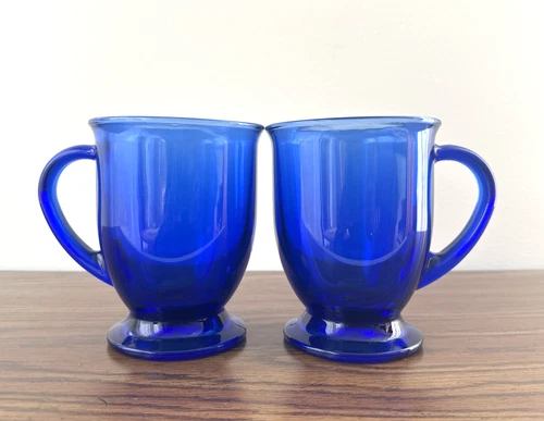 Set of 2 Anchor Hocking Cobalt Blue Glass Footed Mugs 16 Oz