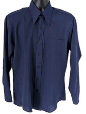 VTG 70s Kmart Navy Blue Dagger-Collar Poly Knit Dress Shirt 15  x 34 Taiwan