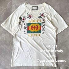 GUCCI Men’s T-Shirt Size L Ivory Cotton Floral Embroidery Logo Short Sleeve