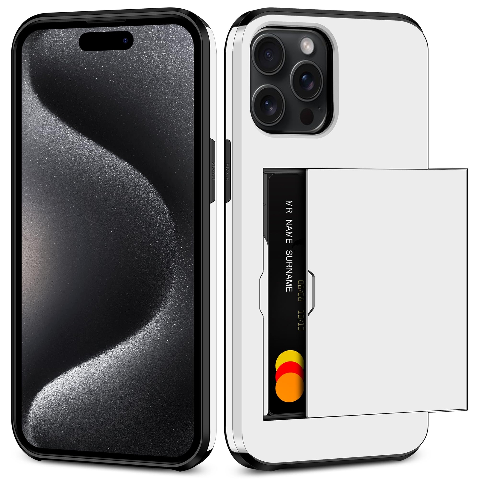 Shockproof iPhone 15 Case-Card Holder, Screen Protector, Camera Cover - White-image