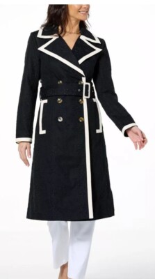 Kathy Ireland Gabrielle Black Double Breasted Trench Coat Floral Eyelet L Large