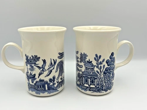 Vintage Churchill Blue Willow Tall Mugs Coffee Tea Cups Made in England Set Of 2