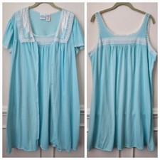 Vintage 2PC Quiet Moments Light Blue Polyester Lace Accent Robe Nightgown 1X