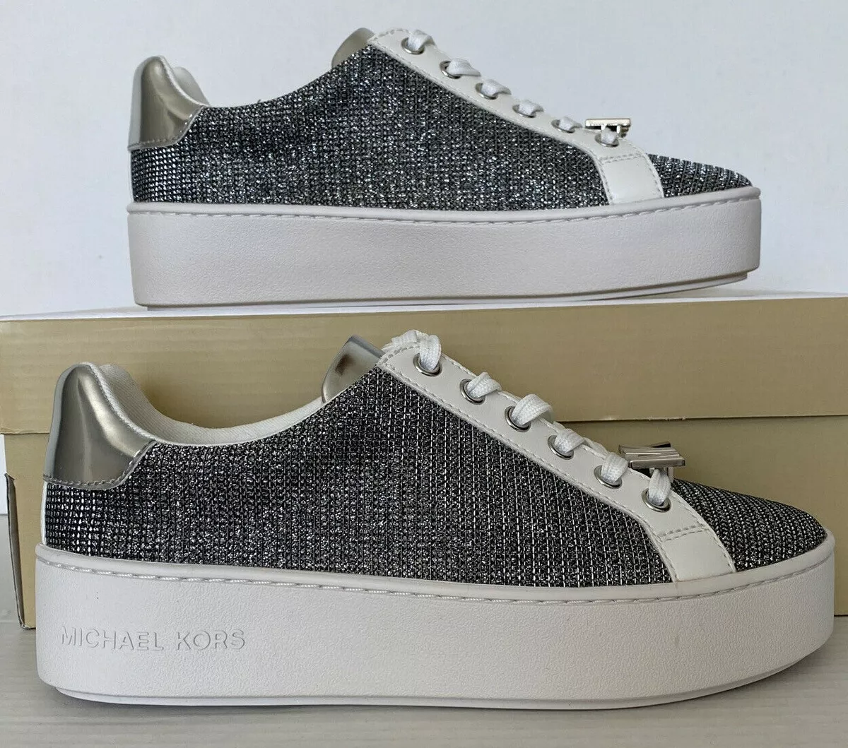 New Michael Kors Poppy Lace up Glitter Chain Mesh sneakers size 5.5 White Silver