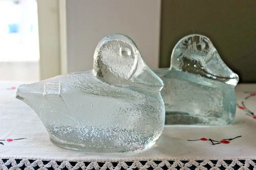 Blenko Glass Duck Bookends Clear larger set BOOK ends paperweights sticker ON