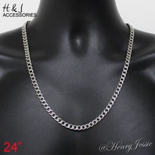 24"MEN 316L  Stainless Steel 7x2mm Silver Cuban Curb Link Chain Necklace