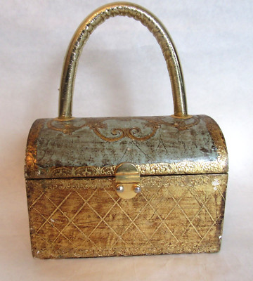 Vintage Wood Italian Florentine Tole Painted Purse Handbag Gold Green 1960's