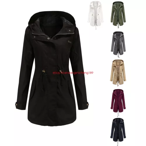 2024 Women's Hooded Trench Coat Belt Ladies Windbreaker Coat Cotton Waist UK6-20