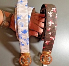 Michael Kors Belt round Gold MK Buckle Floral Logo Reversible Summer NEW 68