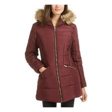 Celebrity Pink Women Puffer Jacket Coat Size S Faux Fur Hooded Winter Burgundy