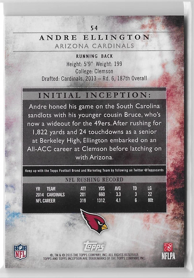 2015 Topps Inception Magenta Andre Ellington 05/99 Arizona Cardinals #54 - Image 2 of 2