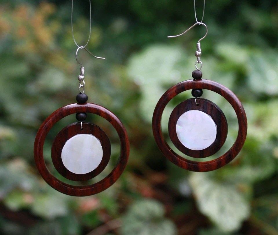 Ohrringe Holz Perlmutt rund Ohrhänger Ohrring Ohrschmuck Holz Ohrringe Perlmut - Bild 3 von 3