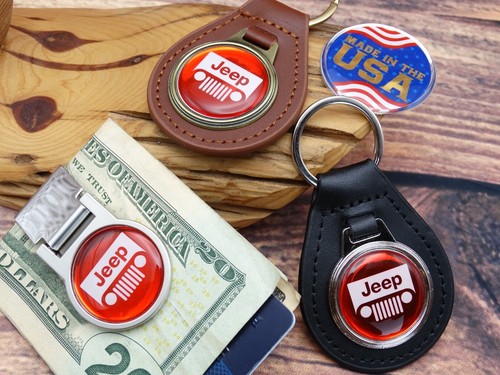 NEW RARE VINTAGE RED JEEP WRANGLER TRUCK CAR Leather Key Chain Ring Fob NOS 4X4 - Picture 6 of 7