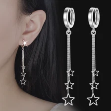 925 Sterling Silver Plated Dangle Tassel Star Huggie Hoop Earrings Women TH3