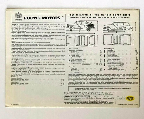 Folleto de ventas Humber Super Snipe 1959 póster raíces especificaciones arte en automóvil de colección - Imagen 5 de 5