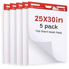 5 Flip Chart Easel Pads - Large Pad 25"x30", White Self Stick Flip Chart Paper