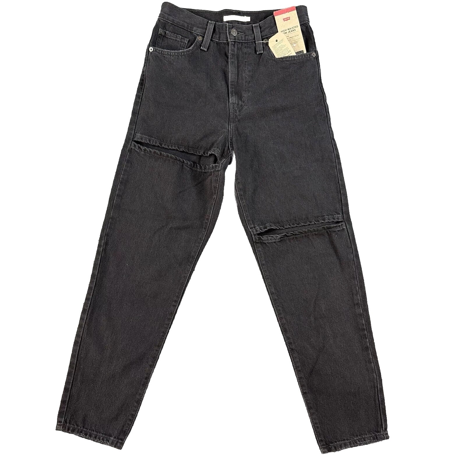 Levi's Mom Jeans Size 27 Black High Rise Relaxed Open Knees Thighs Denim-image