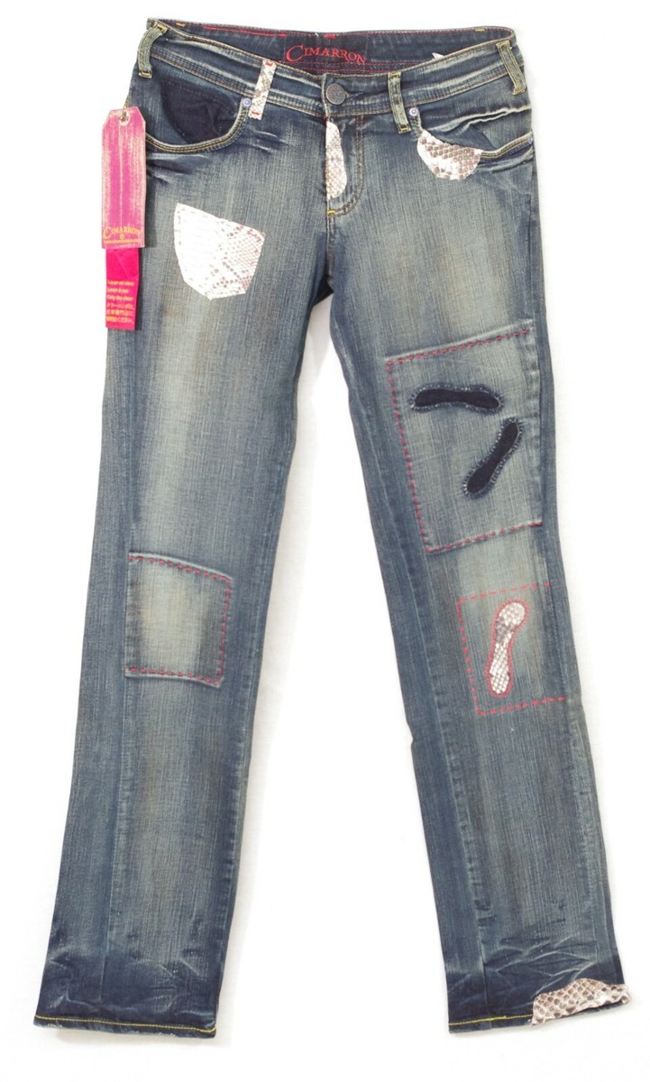 Jeans Cimarron Femme Droit Inserts Serpent - Taille Basse, Bleu, Neuf étiqueté