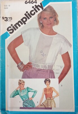 SIMPLICITY 6464 VTG 80s Blouse Tucks Loop Button Kimono Sleeveless UNCUT Miss 14
