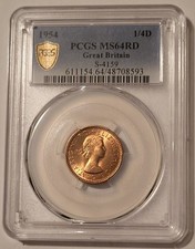 Great Britain Elizabeth II 1954 1/4 Penny Farthing MS64 RED PCGS GSH