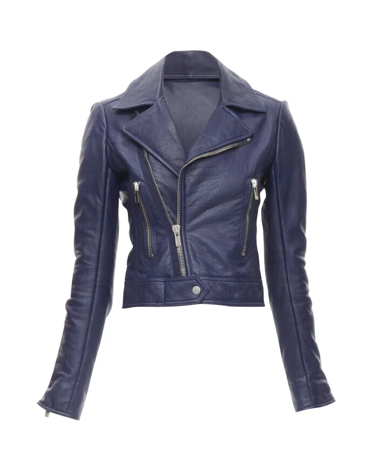 Balenciaga 2014 Dark Lambskin Leather Cropped Fit Biker Jacket Women Bl Size 34