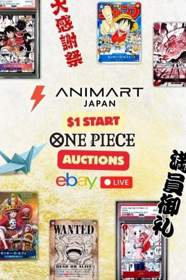 $1 START Slabs, Singles Japanese OnePiece Cards Live Auction