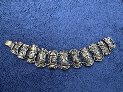 Vintage 900 Silver Aztec Mayan Chain Link Panel Bracelet, 7 In