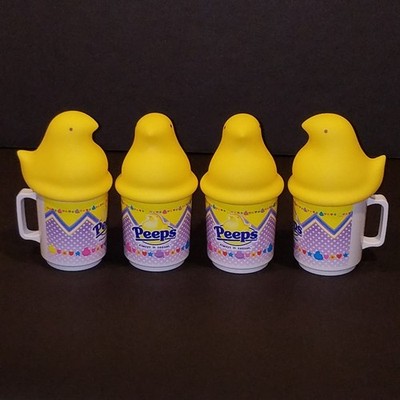 Peeps Easter Kids Plastic Mug Cup Set of 4 w Yellow Chick Vinyl Lid Topper CLEAN