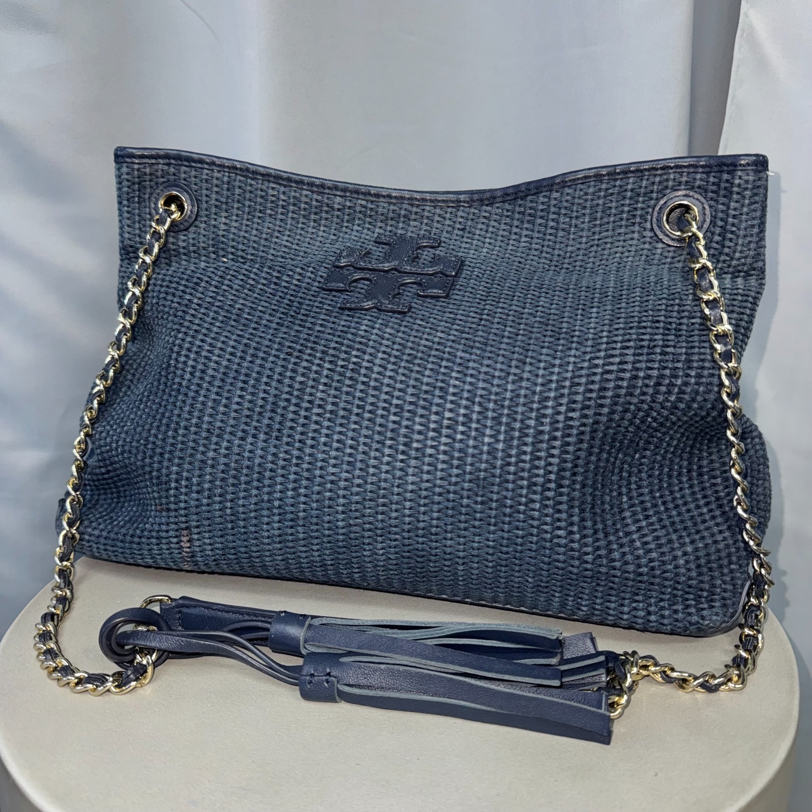 Tory Burch Thea Straw & leather Chain Shoulder Bag Purse - Woven Blue