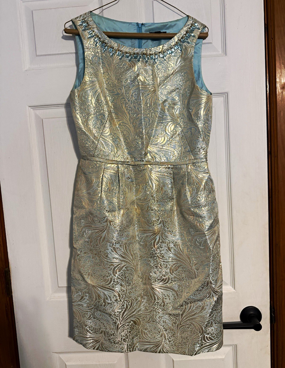 Tahari Arthur S. Levine Sheath Knee Dress Jacquard Beaded Silver/Blue 8