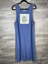 VTG Floral Hand Painted Denim Blue Jean Jumper Dress Size M Cottage Wearable Art