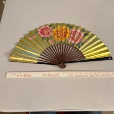 Vintage Wooden and Paper Hand Fan Fold Up 1920-1930s Japan Floral Gold - Antique