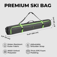 190cm Padded Ski Bag for Air Travel, Premium Snow Equipment Gear Carrier, Green