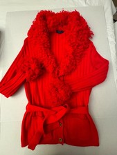 Vintage 70s Creaciones Paloma Red Ribbed Knit Cardigan Sweater Loop Poodle Shag