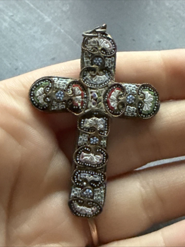 Ancien Pendentif Metal Doré Micro Mosaïque croix - Photo 3/4