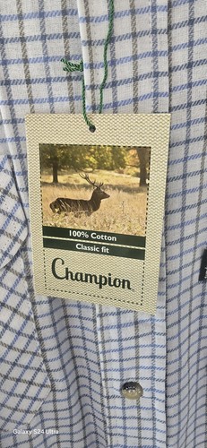 Mens Champion Tattersall Shirt 100% Cotton Blue Check Long Sleeve Classic XL New - Picture 7 of 11