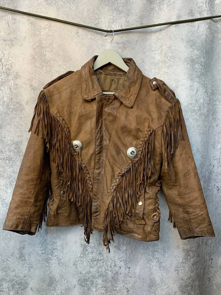Veste de motard à franges en cuir marron vintage Open Road for Wilson taille S - Photo 1/4