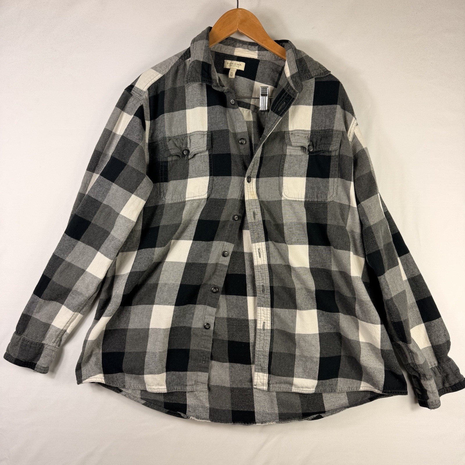 Sonoma Black White Plaid Check Flannel Button Shirt Men's XL 100% Cotton