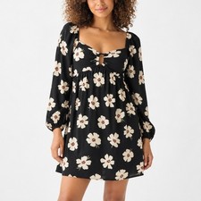 American Eagle Mini Dress XS Black Floral Long Sleeve Ring Front Boho Babydoll