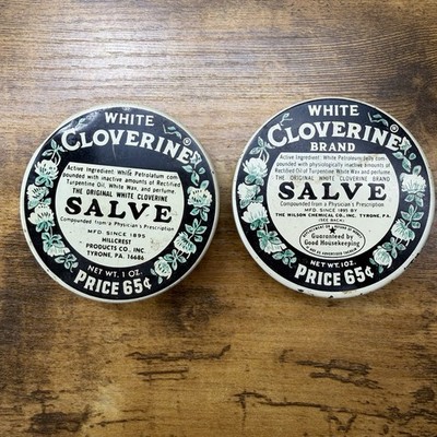 1 VINTAGE WHITE CLOVERINE BRAND SALVE THE WILSOn CHEMICAL CO EST 1895 TYRONE PA