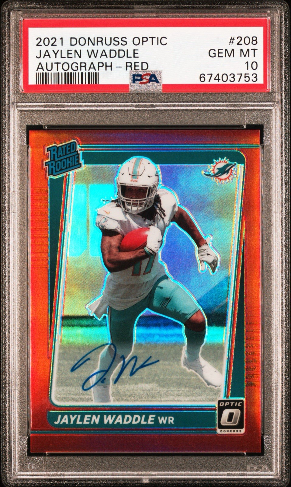 2021 Donruss Optic Jaylen Waddle Auto Red /75 PSA 10 POP 2 RATED ROOKIE BRONCOS