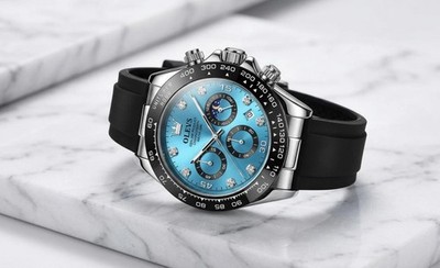 Men's Luxury Wristwatch Tiffany Blue Dial Analog Black Silicone Strap Watch