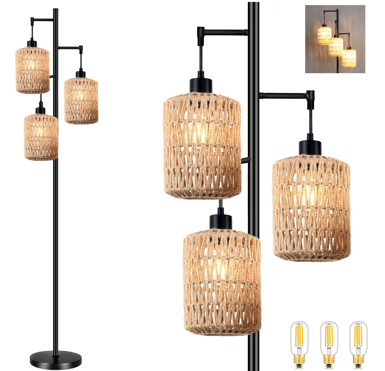 Boho Rattan Tree Floor Lamp with 3 Lights for Living Room or Bedroom-image