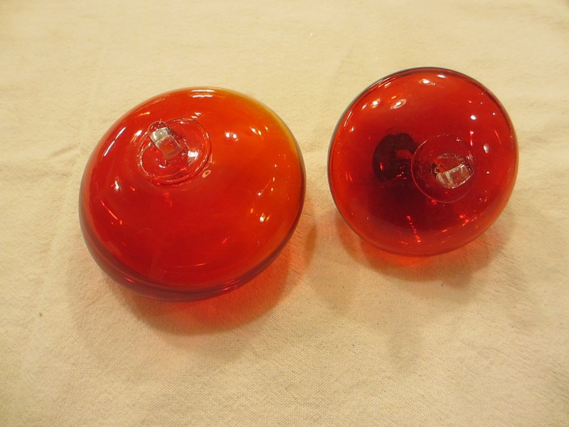 Two Red Hand Blown Glass Ornaments 3.5" & 4" across, Christmas or Garden Art