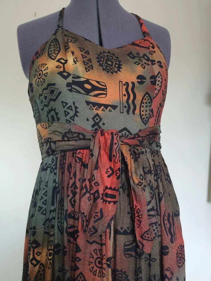 Rare Vintage 70s Mandy Marsh Geometric Aztec Summer Midi Dress Bow Tie 8 10 UK - Image 4 of 4