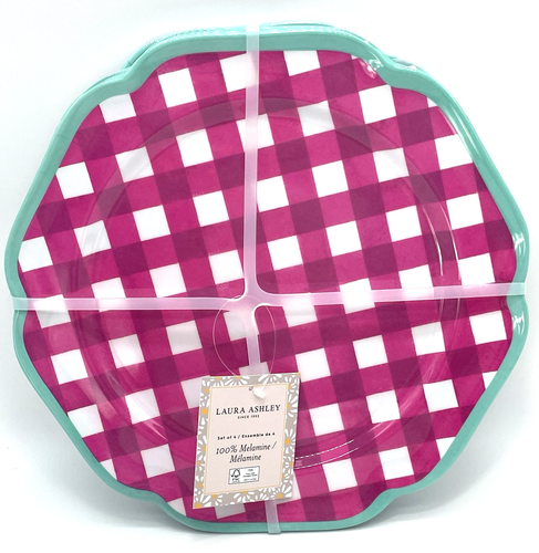 Laura Ashley Melamine Dinner Plates Pink Gingham 11" Outdoor Dining x 4 NWT
