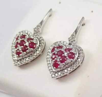 White Gold Plated 2 Ct Round Lab-Created Ruby Women's Heart Dangle Drop Earrings