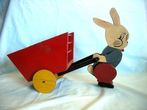 Antique Hand Painted Wood Easter Rabbit Hauling Cart With Wood Wheels ROLLER TOY - Picture 2 of 13