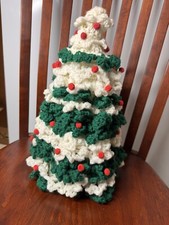 Vintage Crochet Christmas Tree, Green  White with Red Decorations